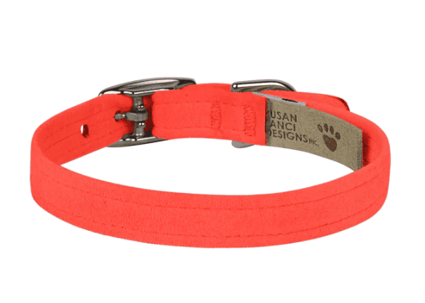 Bright orange adjustable dog collar with metal buckle, perfect for small to medium pets, featuring durable nylon material and comfortable fit for everyday wear.